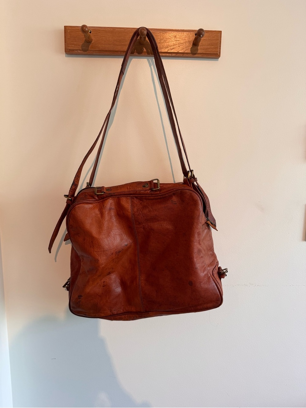Distressed Cognac Leather Shoulder Satchel Bag Patina
